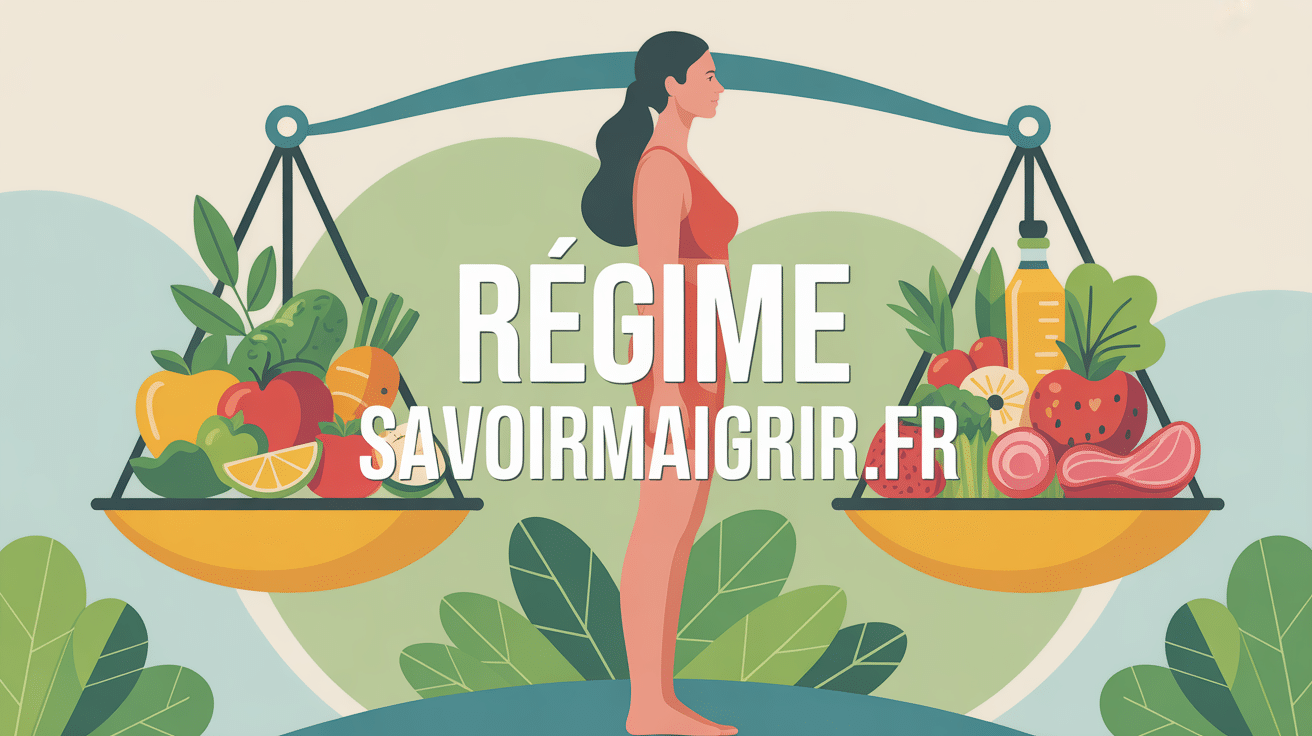 Balance équilibrée avec aliments et silhouette pour régime savoirmaigrir.fr