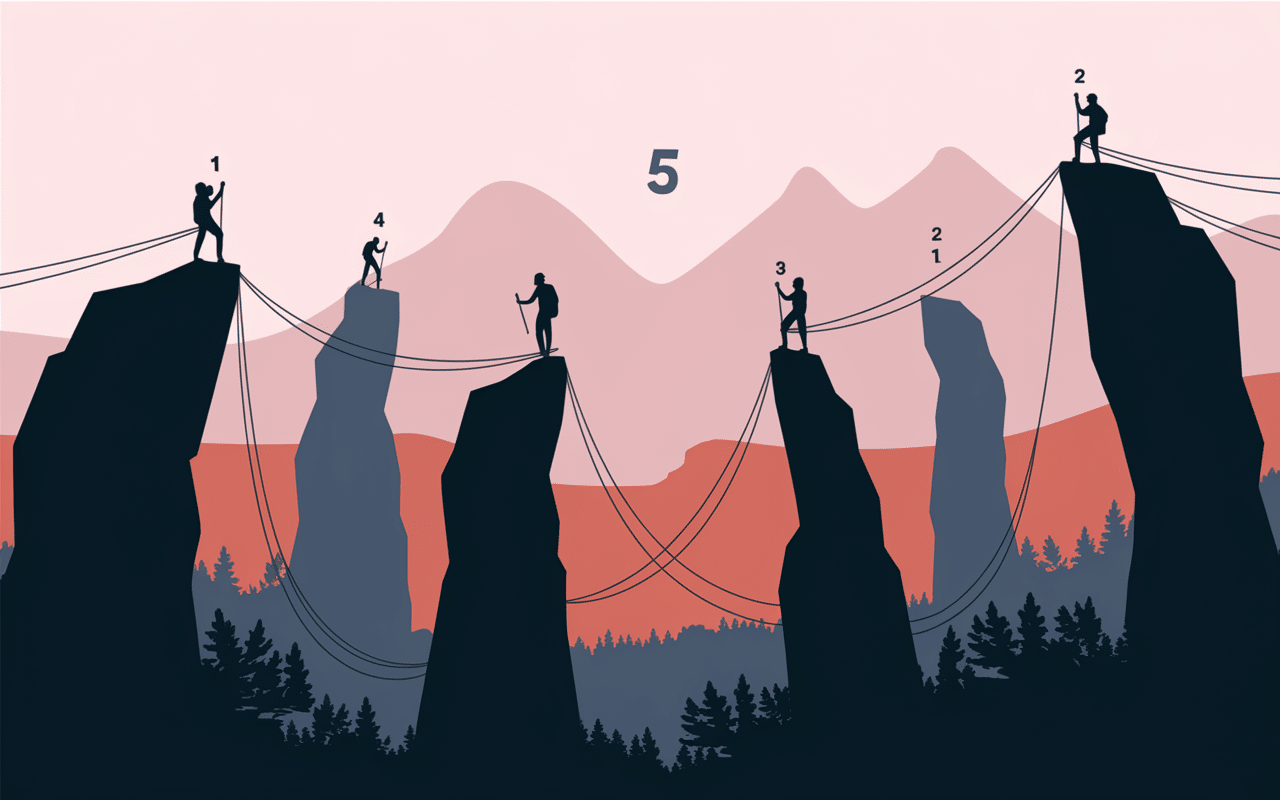 Cinq via ferrata corse avec grimpeurs formations rocheuses