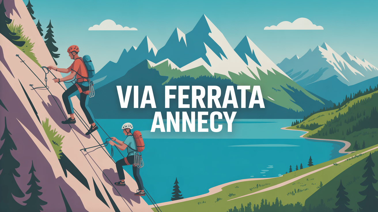 Grimpeurs via ferrata Annecy sur roche au-dessus d'un lac