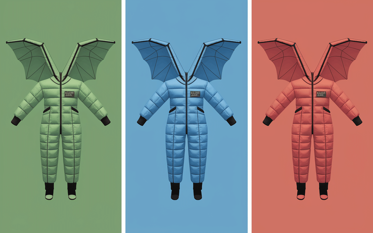 trois wingsuits cote a cote avec etiquettes de prix