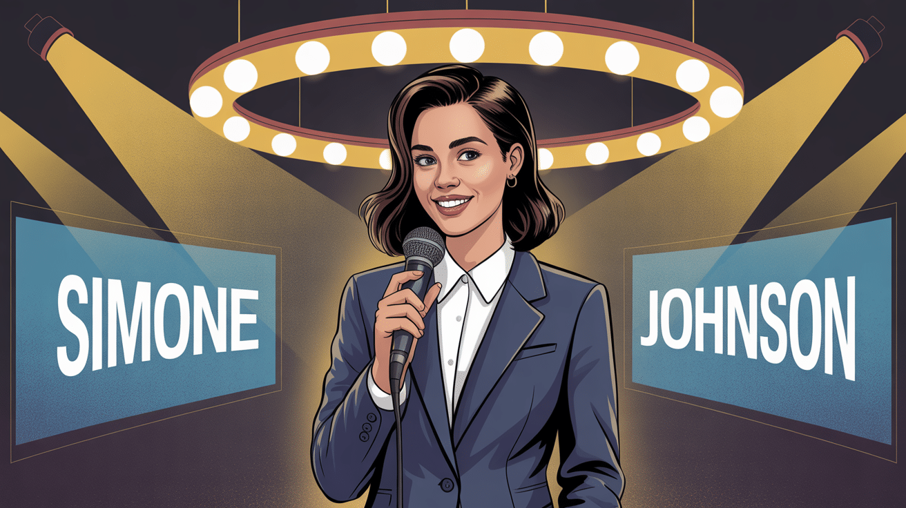 Portrait stylisé de Simone Johnson en costume d'affaires sur fond de ring de catch