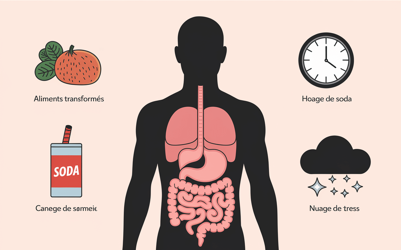 Schéma causes ventre gonflé alimentation stress