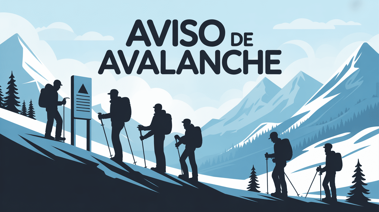 aviso de avalanche, randonneurs observam um painel de aviso na neve