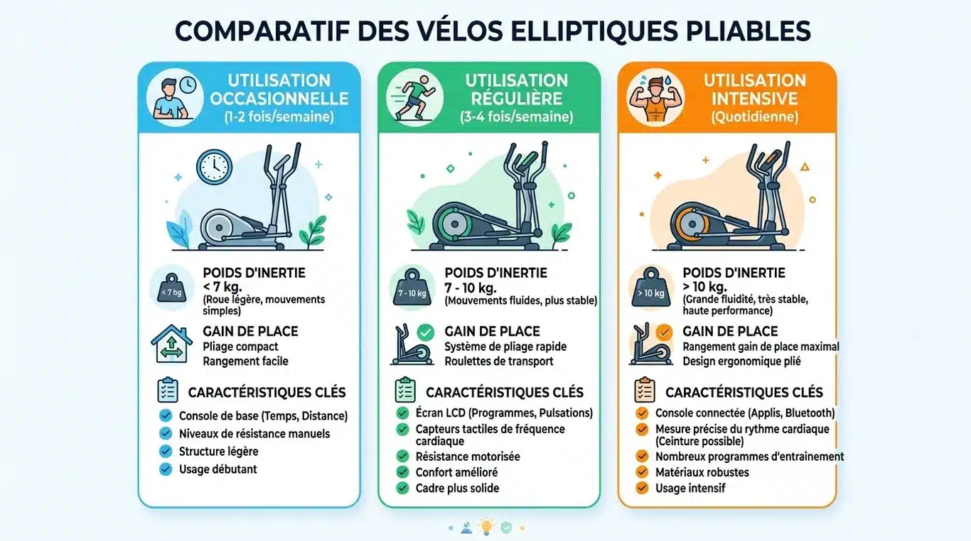 Infographie comparative pour choisir son vélo elliptique pliable selon son usage et ses besoins