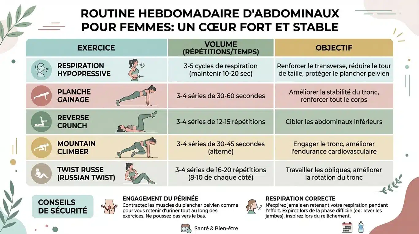 Infographie récapitulative de la routine d'entraînement abdominal pour femmes