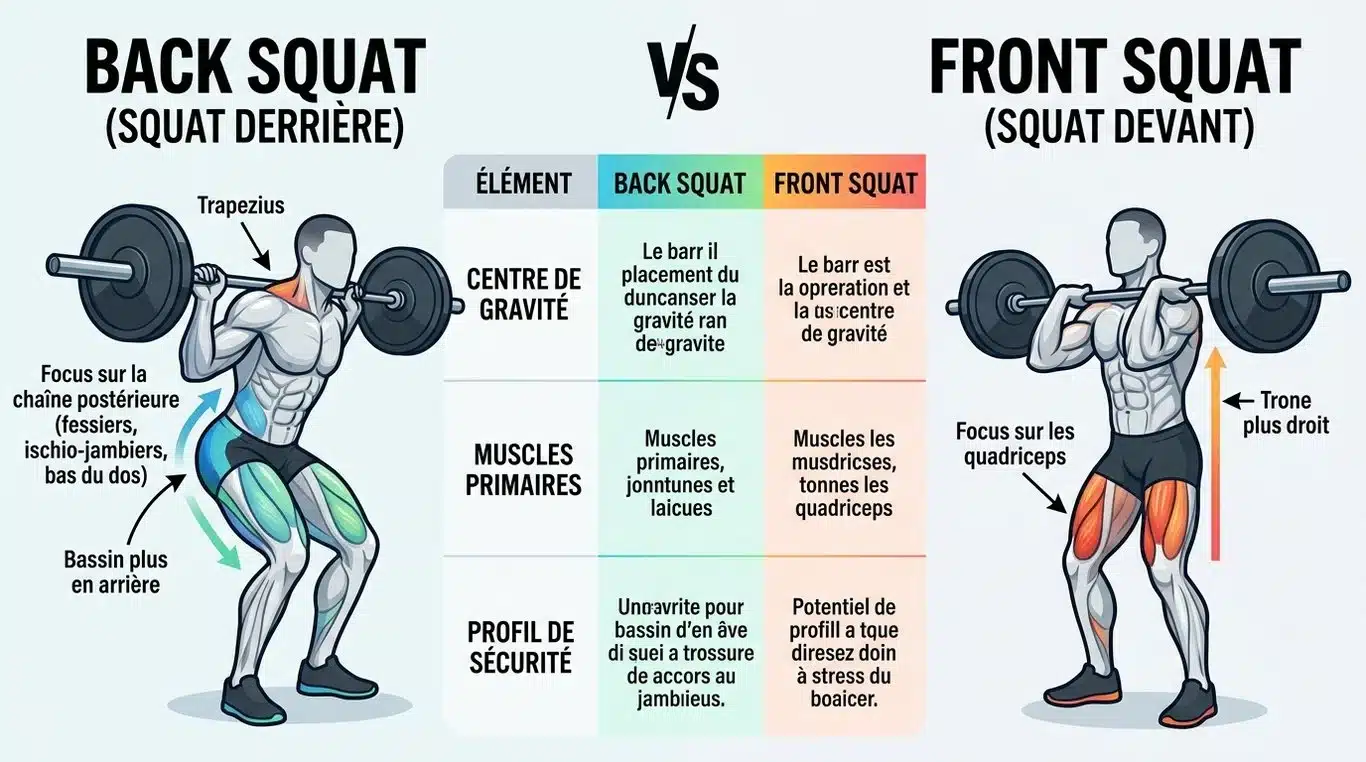 Infographie comparative : Back Squat vs Front Squat, muscles sollicités et biomécanique