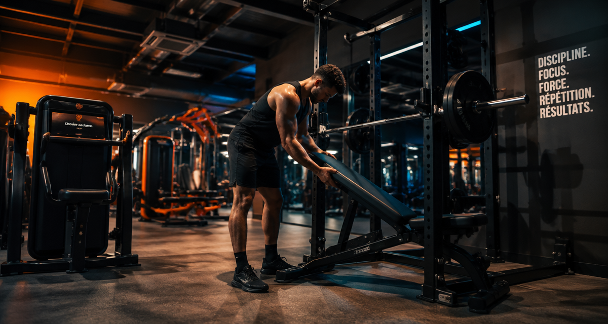 machine en salle de sport avec banc et cage à squat