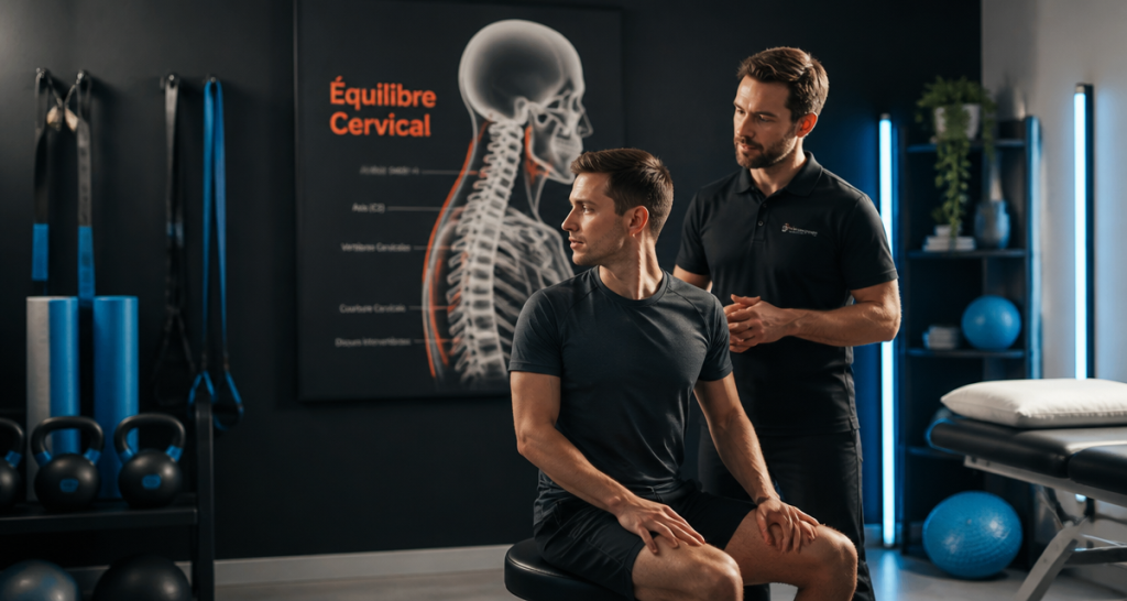 Homme en rééducation cervicales et vertiges avec thérapeute