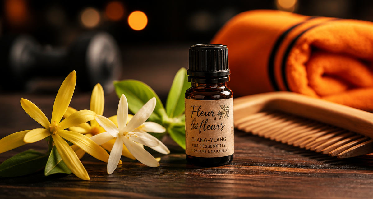 huile essentielle ylang ylang bienfaits sur table avec fleurs