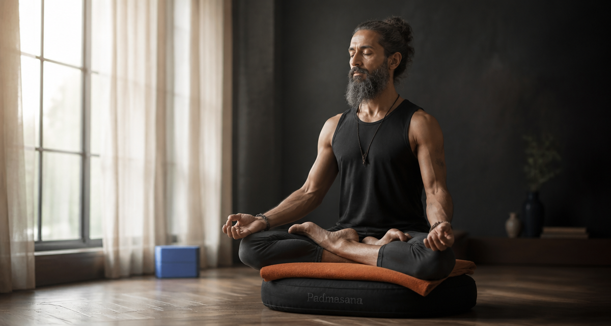 Padmasana position yogi assis sur zafu noir