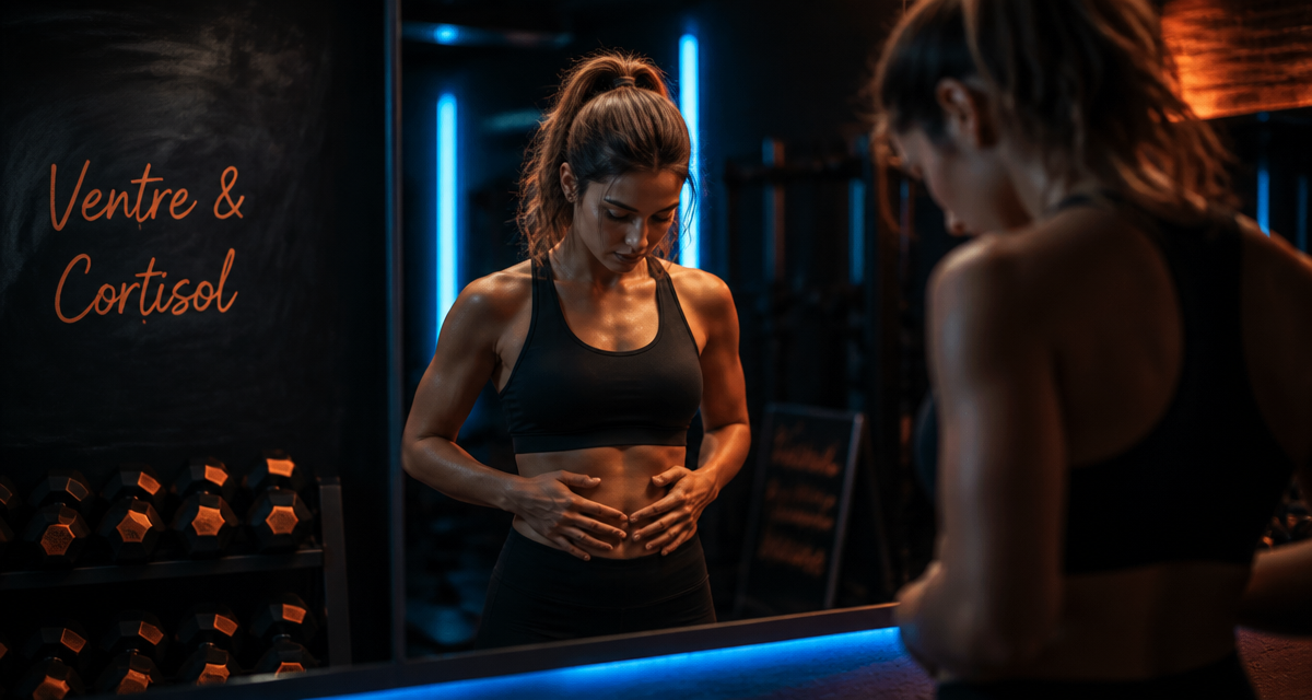 Taux de cortisol eleve et ventre gonfle chez femme devant miroir