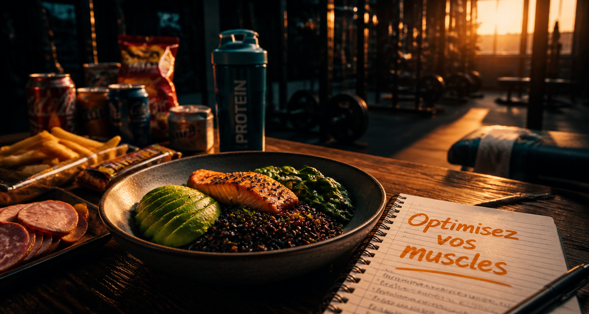 aliments mauvais pour les muscles sur une table de sport