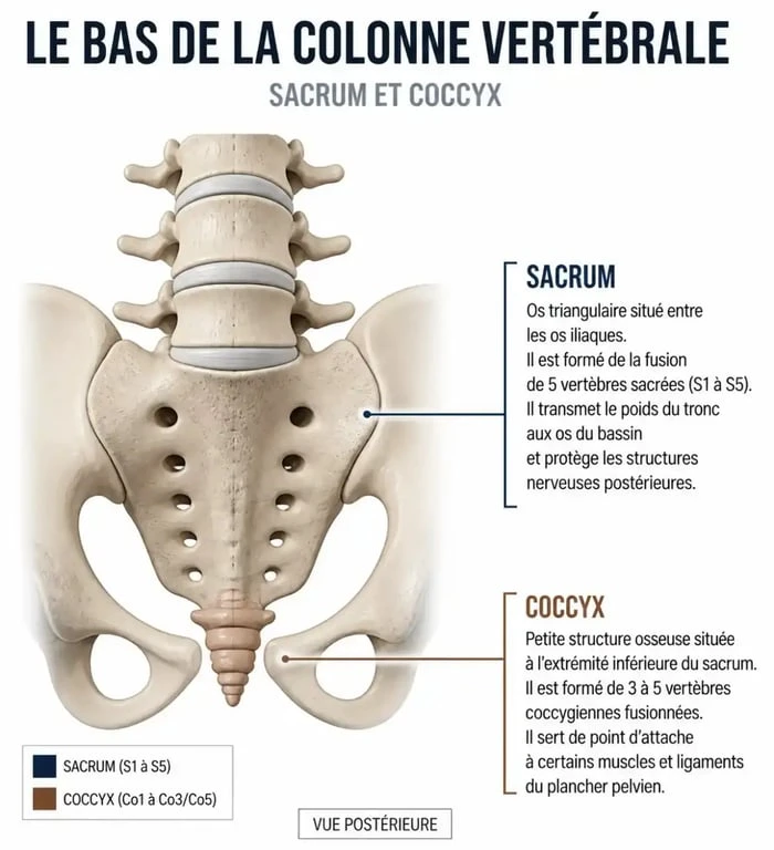 Schéma anatomique du sacrum et du coccyx pour comprendre les douleurs du bas du dos