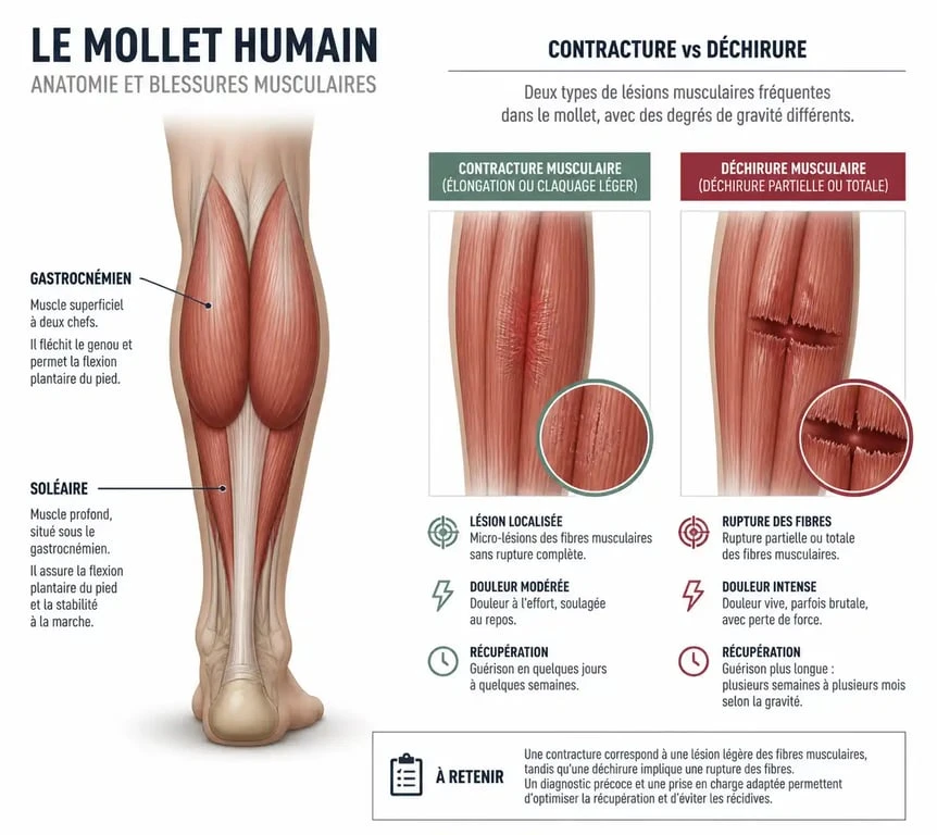 Schéma explicatif d'une contracture au mollet pour comprendre la différence avec une déchirure musculaire.
