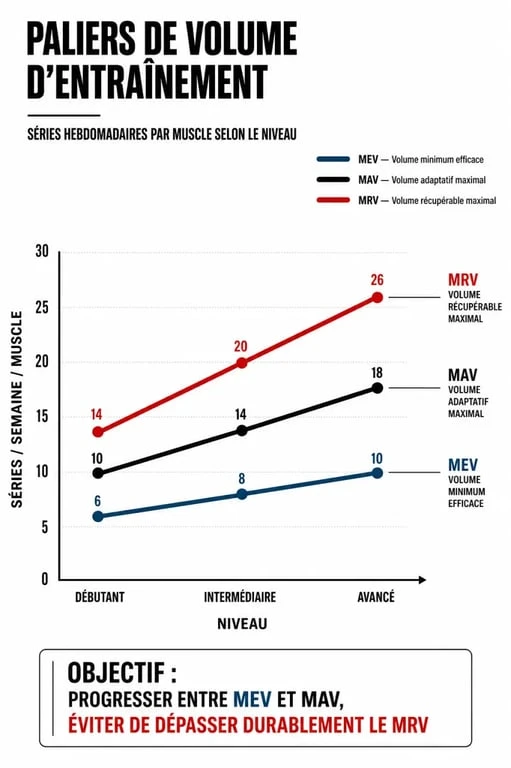 Infographie des paliers de volume d'entraînement en musculation : combien de séries par muscle par semaine selon le niveau.