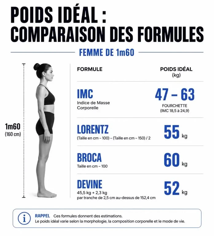 Comparaison des méthodes de calcul du poids idéal pour une femme de 1m60 : IMC, Lorentz, Broca et Devine