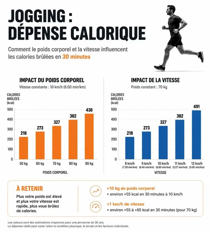 Infographie illustrant les calories brûlées lors d'un jogging de 30 minutes en fonction du poids et de la vitesse