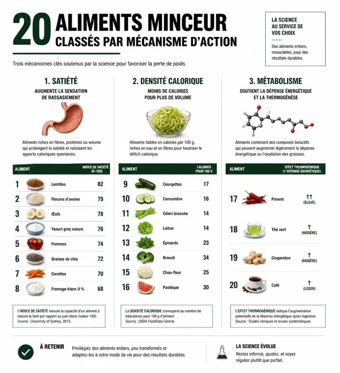Infographie des 20 aliments qui font maigrir classés par propriétés nutritionnelles