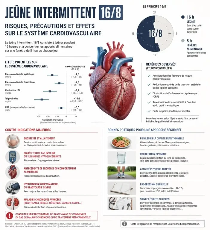 Infographie sur les dangers et précautions du jeûne intermittent 16/8 pour la santé