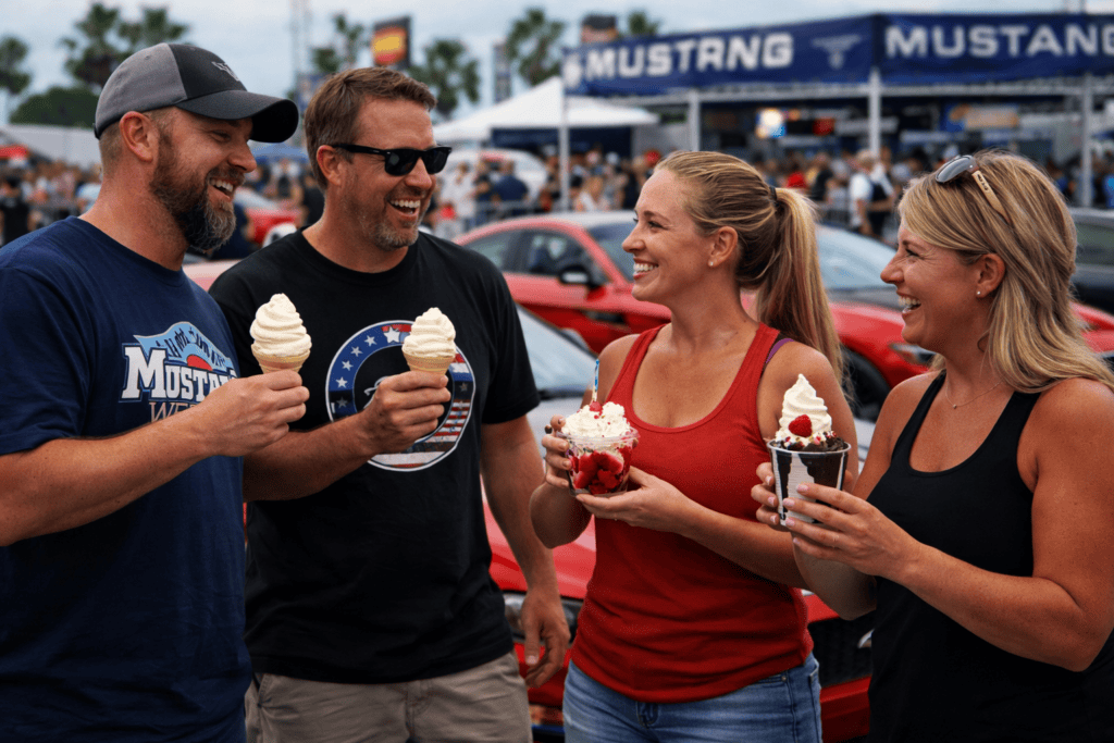 Friends enjoying ice cream at Mustang Week event in Charlotte.