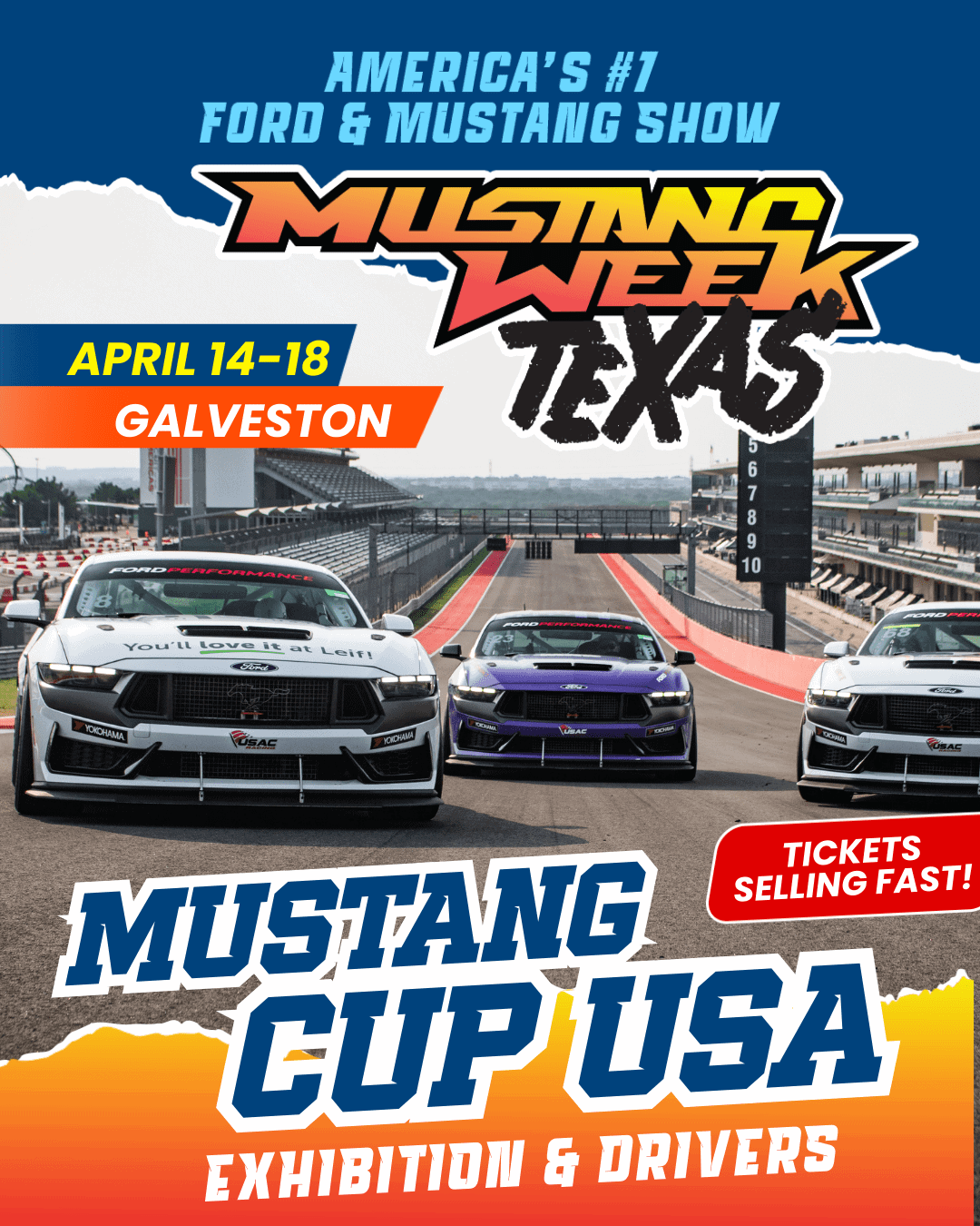 Ford and Mustang cars at Mustang Week Texas event in Galveston.