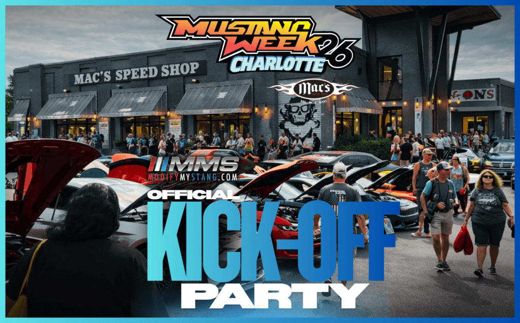 Vibrant scene at Mustang Week 2026 kickoff event in Charlotte with car enthusiasts and Mustang displ.