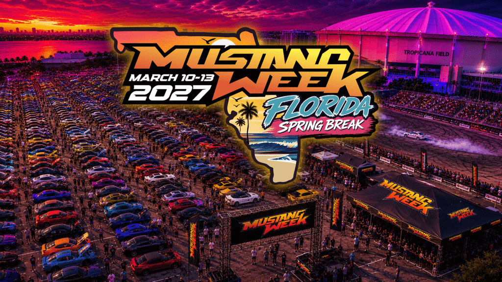 Mustang Week 2023 Florida Spring Break event with cars and vibrant sunset.