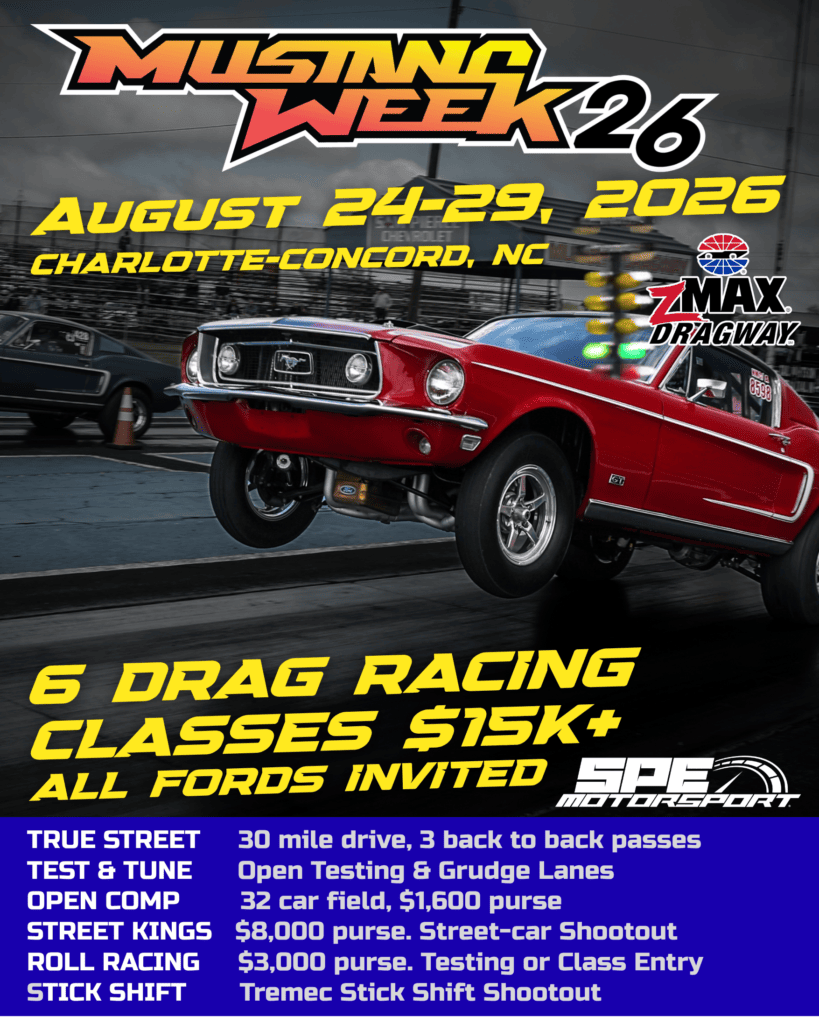 Red classic Ford Mustang jumping at Mustang Week Charlotte 2026 event.