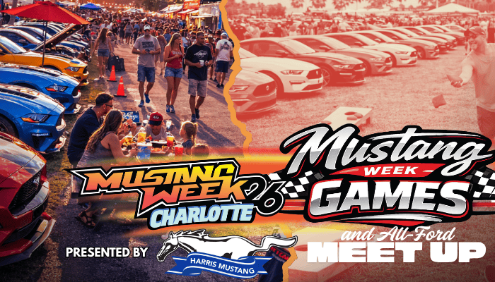 Mustang Week Charlotte car show with numerous Ford Mustangs and attendees enjoying the event.