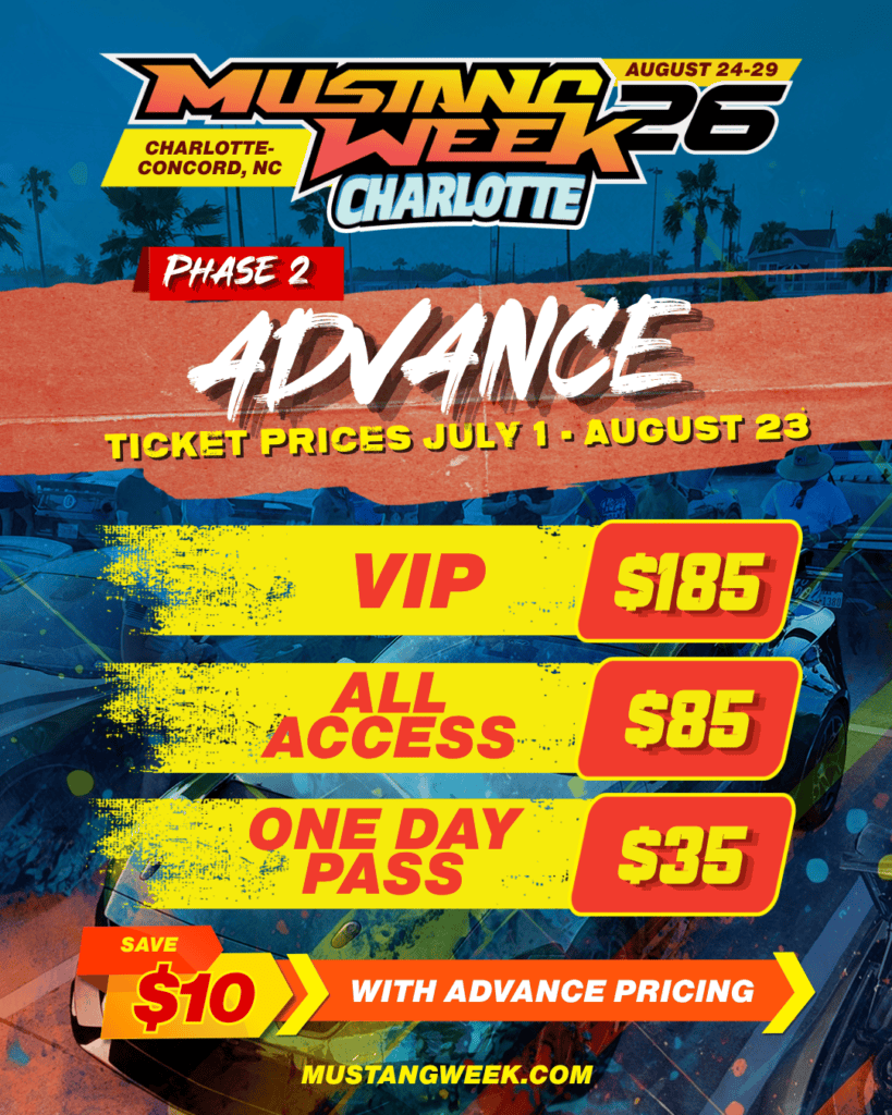 Mustang Week Charlotte 2026 ticket prices and passes.