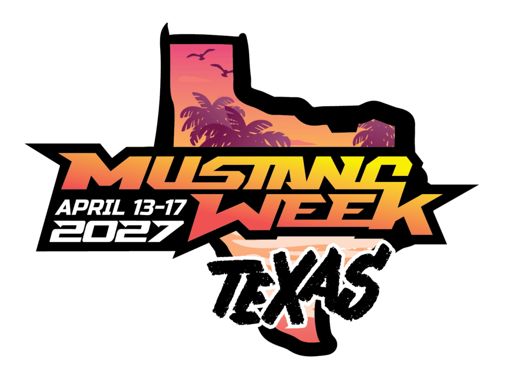 Mustang Week Texas 2023 logo with sunset and palm trees inside Texas shape.