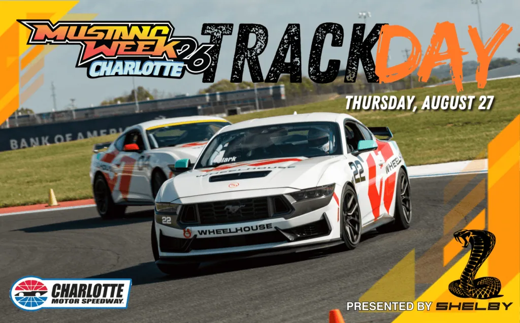 Mustang race cars on track during Mustang Week Charlotte 2026 event.