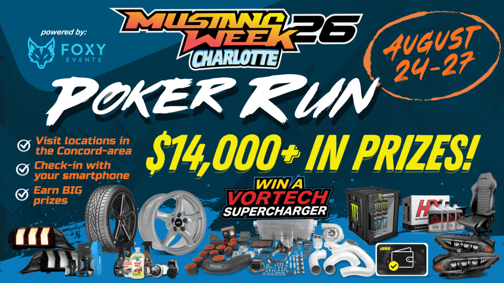Participants enjoying the Mustang Week Poker Run in Charlotte with prizes and entertainment.