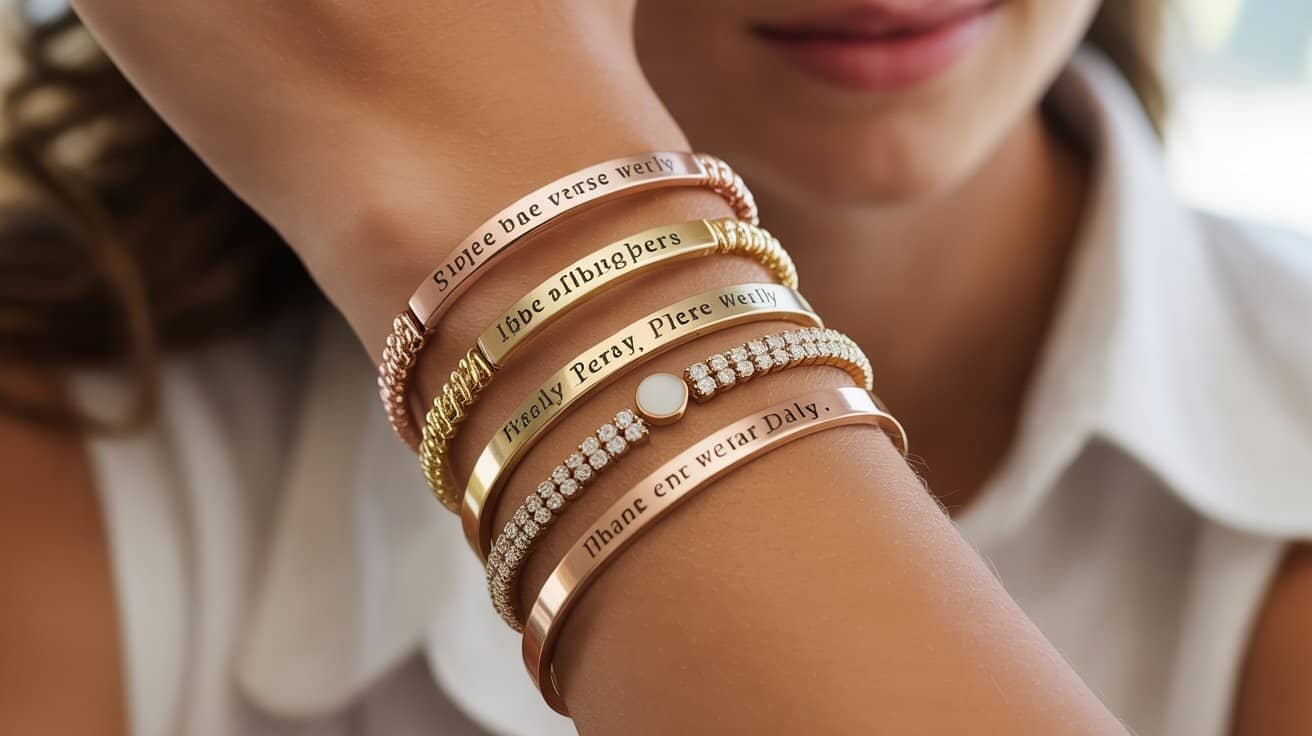 Bracelet stack featuring inspirational Christian quotes on various metal bangles, worn on woman's wrist, representing faith and gratitude.
