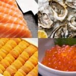 Collage of iconic Hokkaido seafood—salmon, oysters, sea urchin, and salmon roe—highlighting the diversity and timing of the Hokkaido seafood season.