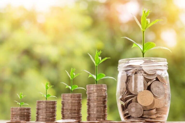 Stacks of coins with growing green plants on top, next to a jar full of change, symbolizing saving money. Budget travel in Hokkaido is possible with smart choices around transport, food, and accommodation.