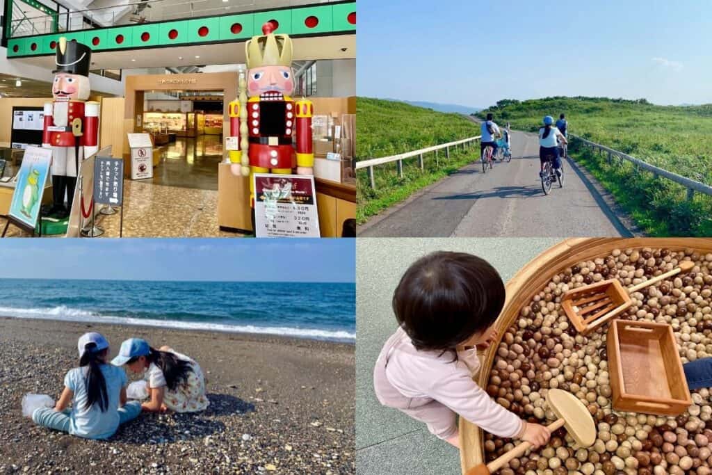 Collage of family-friendly activities in Hokkaido, including Cha Cha World’s nutcracker statues, cycling through lush fields, kids collecting stones by the sea, and a toddler playing in a wooden sensory pit—showcasing top things to do in Hokkaido with kids.