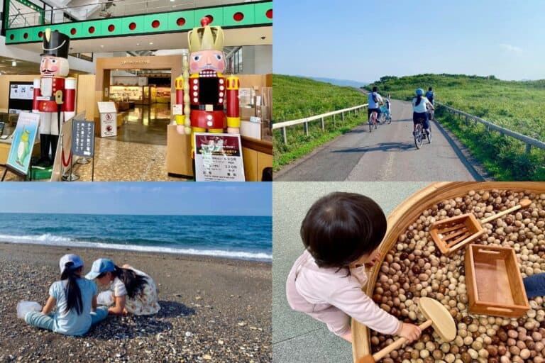 Collage of family-friendly activities in Hokkaido, including Cha Cha World’s nutcracker statues, cycling through lush fields, kids collecting stones by the sea, and a toddler playing in a wooden sensory pit—showcasing top things to do in Hokkaido with kids.