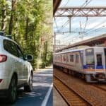 Split image showing a white car driving on a forest road on the left and a commuter train at a station on the right. This visual comparison represents the choice between driving and using public transportation in Hokkaido, ideal for travelers weighing convenience versus coverage.
