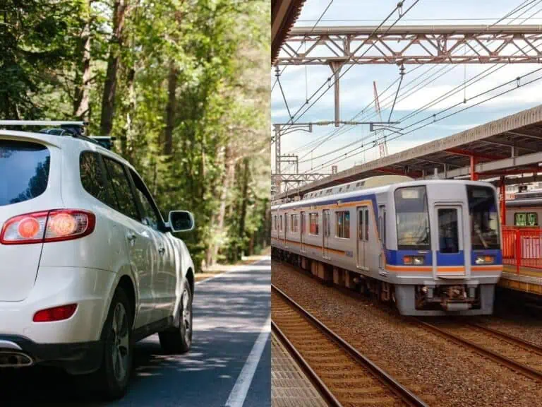 Split image showing a white car driving on a forest road on the left and a commuter train at a station on the right. This visual comparison represents the choice between driving and using public transportation in Hokkaido, ideal for travelers weighing convenience versus coverage.