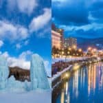 Split image featuring towering ice pillars from the Lake Shikotsu Ice Festival on the left and candle-lit reflections along the Otaru Canal on the right, capturing the essence of Hokkaido winter festivals.