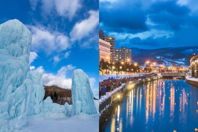 Split image featuring towering ice pillars from the Lake Shikotsu Ice Festival on the left and candle-lit reflections along the Otaru Canal on the right, capturing the essence of Hokkaido winter festivals.