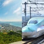 Side-by-side image showing a scenic aerial view of Hakodate’s coastline and a sleek green Shinkansen, representing the journey by train from Tokyo to Hokkaido.