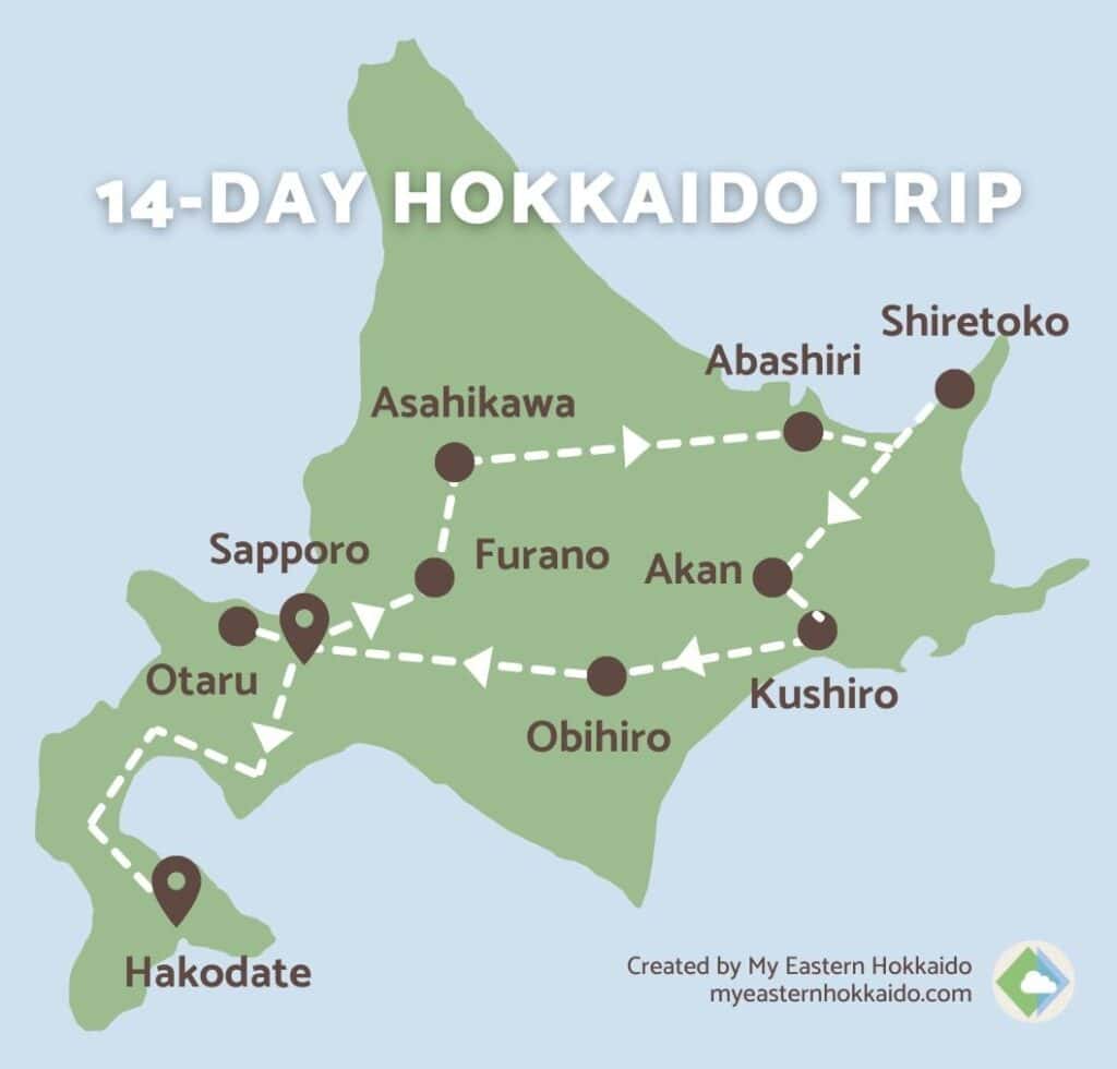 Illustrated route map showing a 14-day Hokkaido itinerary, with major stops including Hakodate, Sapporo, Furano, Abashiri, and Shiretoko—ideal for planning your 2 week Hokkaido itinerary.