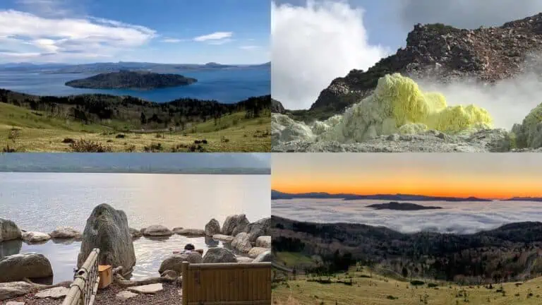 Collage featuring highlights around Lake Kussharo: a sunny lake view, steaming sulfur vents from Mount Io, a rock-lined lakeside onsen, and the iconic sea of clouds at sunrise. Perfect snapshot of Lake Kussharo’s natural beauty.