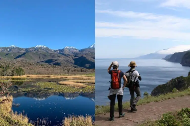 Two hikers stand on a dirt trail gazing over Shiretoko’s dramatic cliffs and the expansive Okhotsk Sea, a highlight of any summer Shiretoko itinerary.