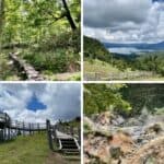 A four-photo collage featuring a forest path on wooden planks, a scenic viewpoint with Lake Akan in the distance, a wooden observation deck under a partly cloudy sky, and a steaming rocky geothermal spot in Akan Mashu National Park.