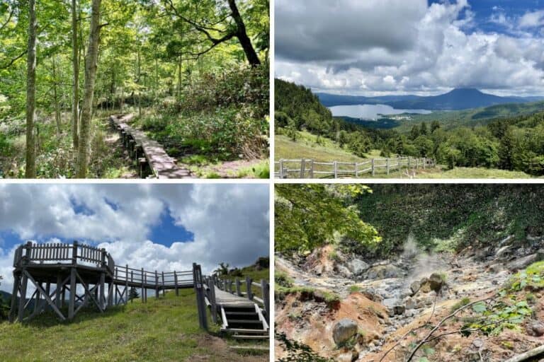 A four-photo collage featuring a forest path on wooden planks, a scenic viewpoint with Lake Akan in the distance, a wooden observation deck under a partly cloudy sky, and a steaming rocky geothermal spot in Akan Mashu National Park.