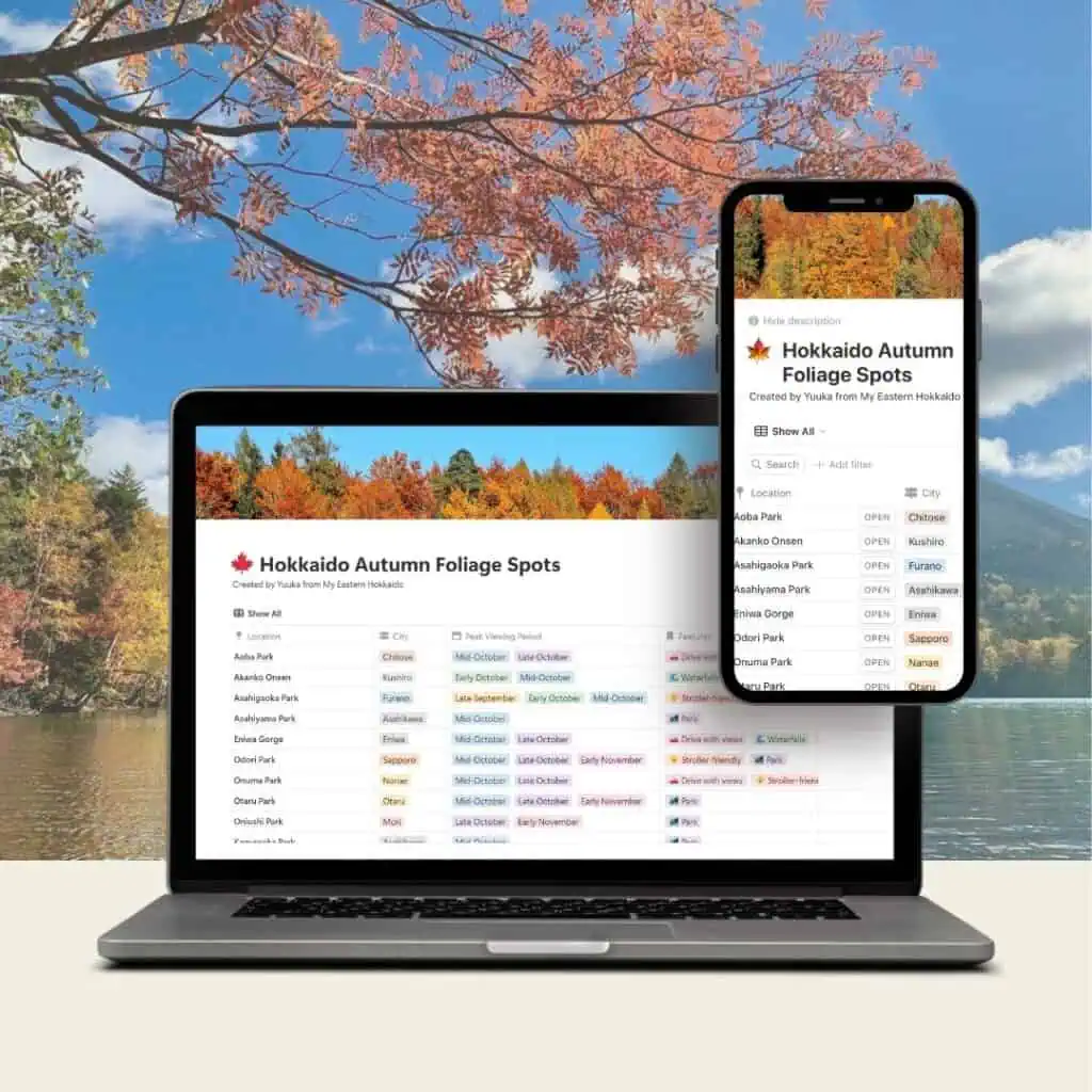 A preview of Hokkaido Autumn Foliage Spots List, containing 40+ beautiful autumn spots across Hokkaido