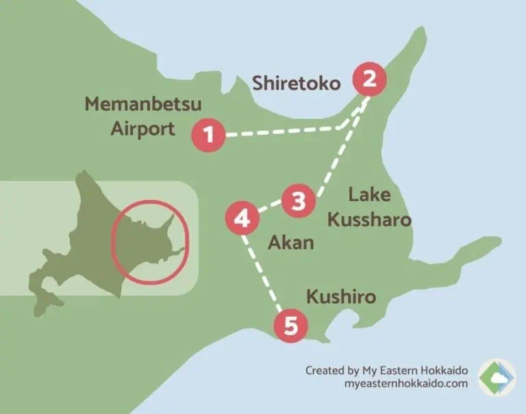 Map showing a 5-day Hokkaido itinerary route through Eastern Hokkaido, connecting Memanbetsu Airport, Shiretoko, Lake Kussharo, Akan, and Kushiro with numbered stops. A visual guide for planning a scenic road trip.